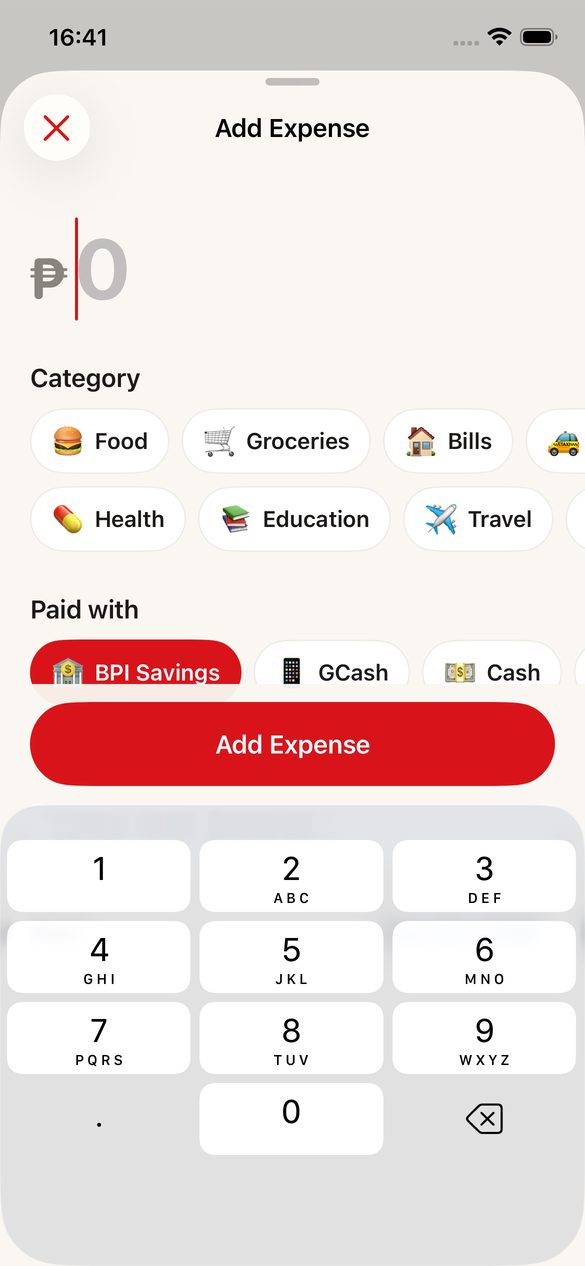 Add Expense screen with amount, categories and wallets